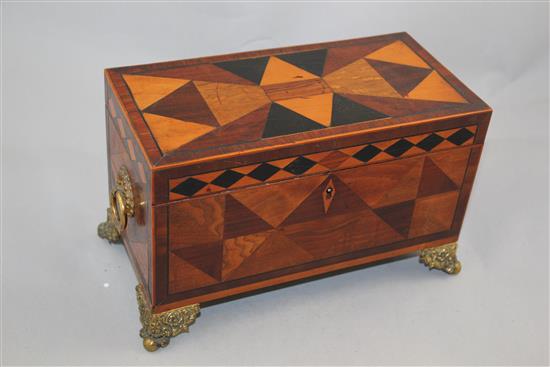 A 19th century parquetry inlaid rectangular tea caddy, 10.5in.